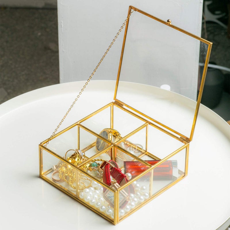 Levilan 4 Compartment Golden Vintage Glass Lidded Jewelry Box, Large Clear Metal Box for Rings Bracelet Keepsake, Golden Organizer Home Decor with Decorative Lace - Image 3